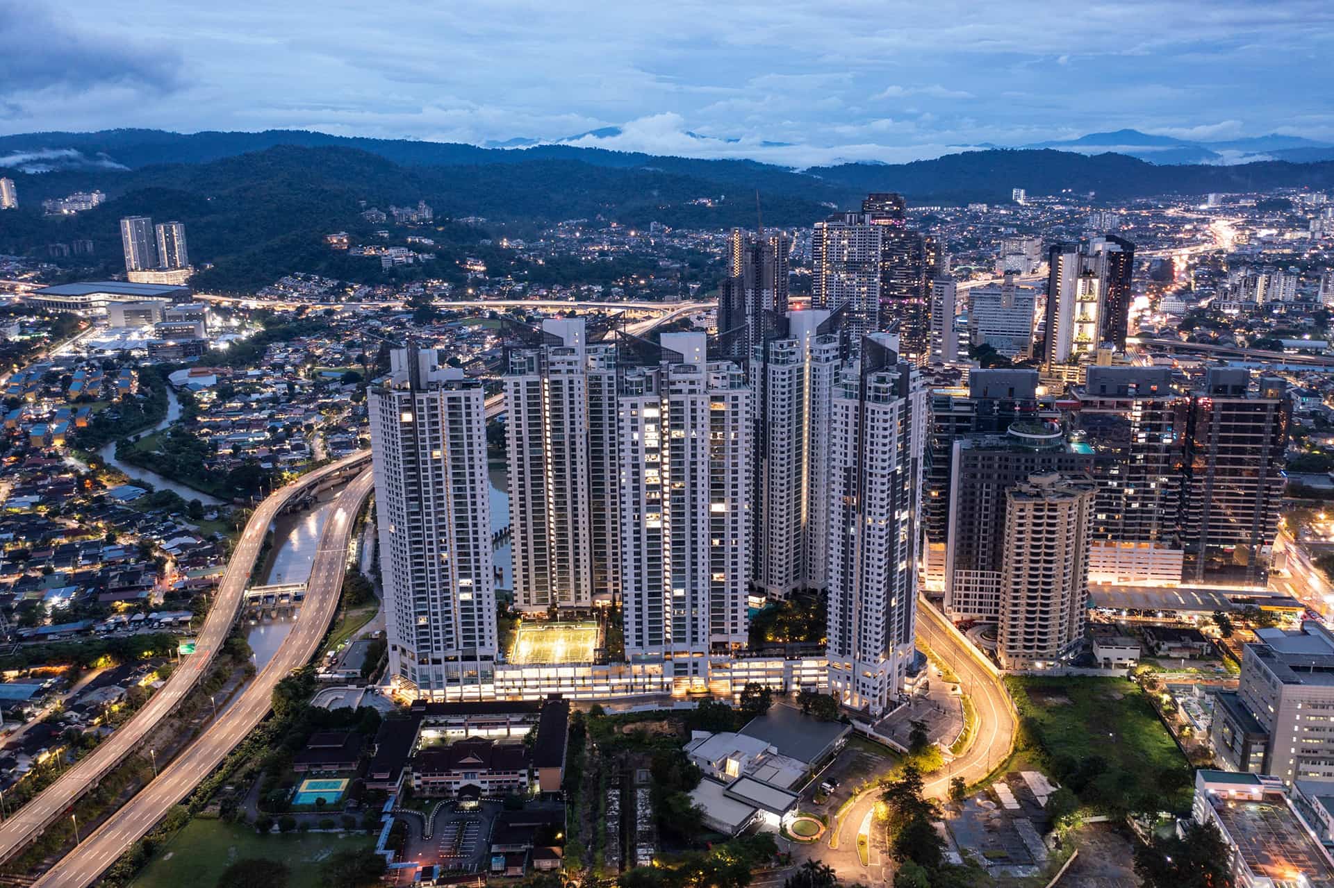 Aerial view of D'Rapport Residences (Drapport Residences) five towers on Embassy Row, Ampang Hilir, Kuala Lumpur